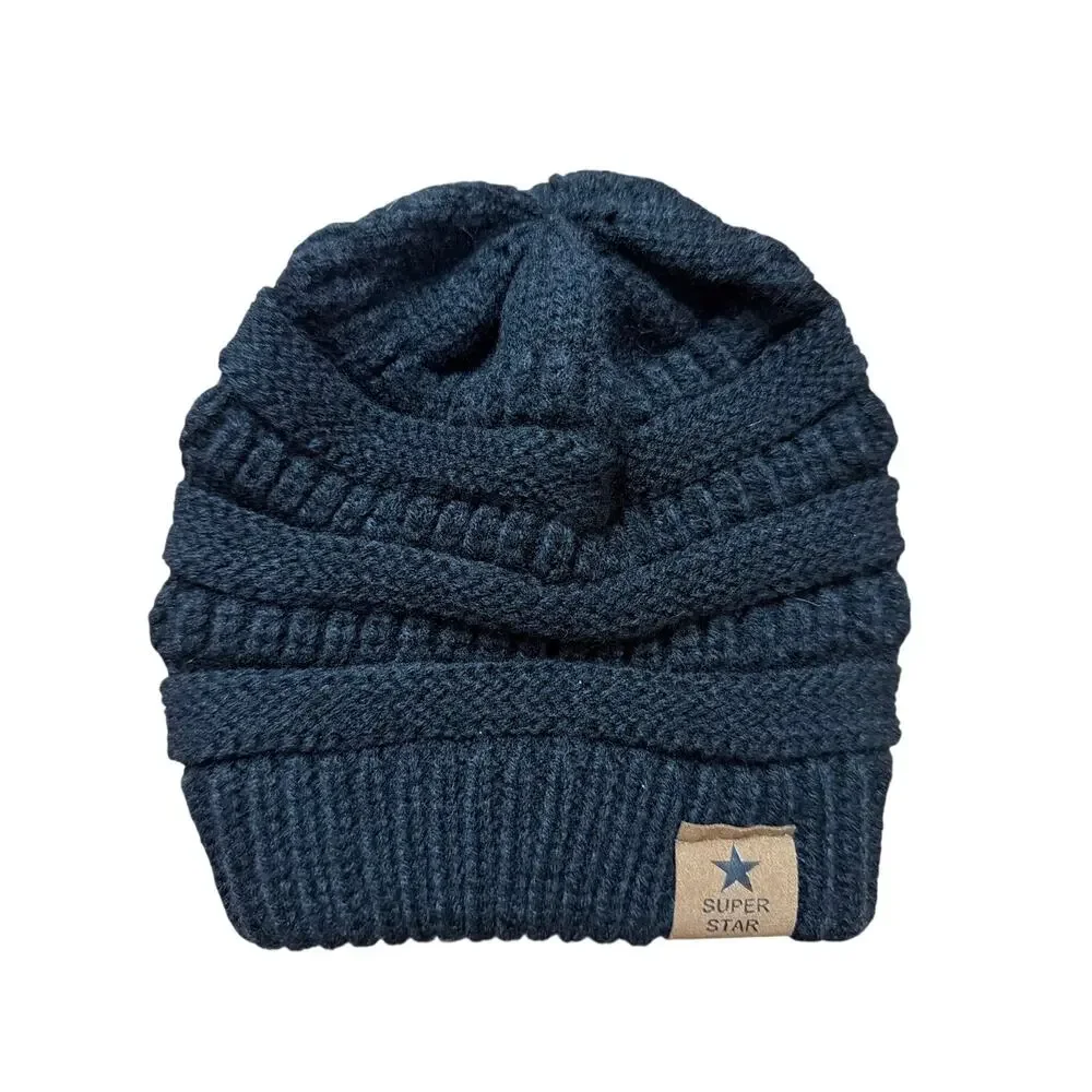 Toddler Boys Black Winter Beanie Hat Knit Super Star